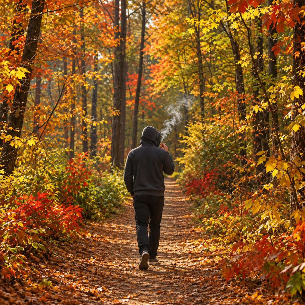 A person walking down a wooded path in autumn