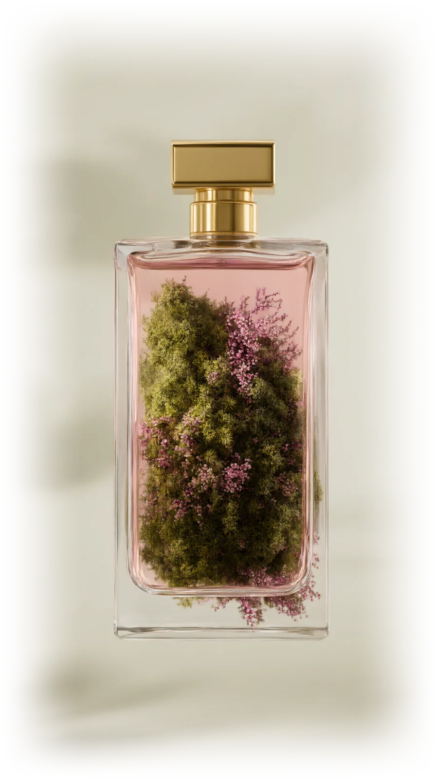 The Éclore N°1 bottle: clear glass, pale pink perfume, a gold cap, moss and heather inside