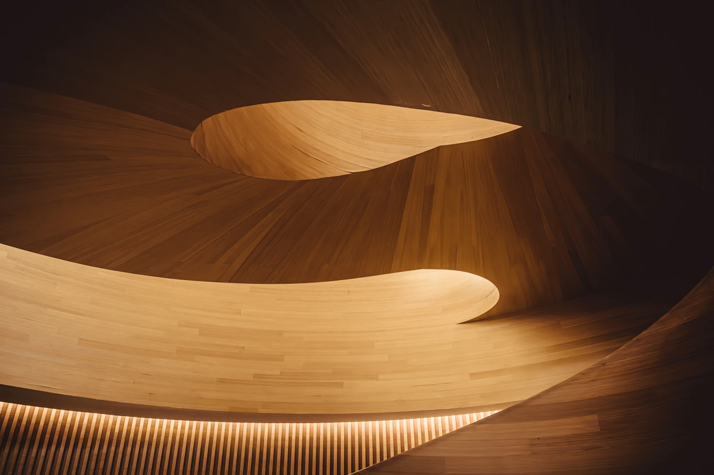 Curved wooden ceiling with warm light