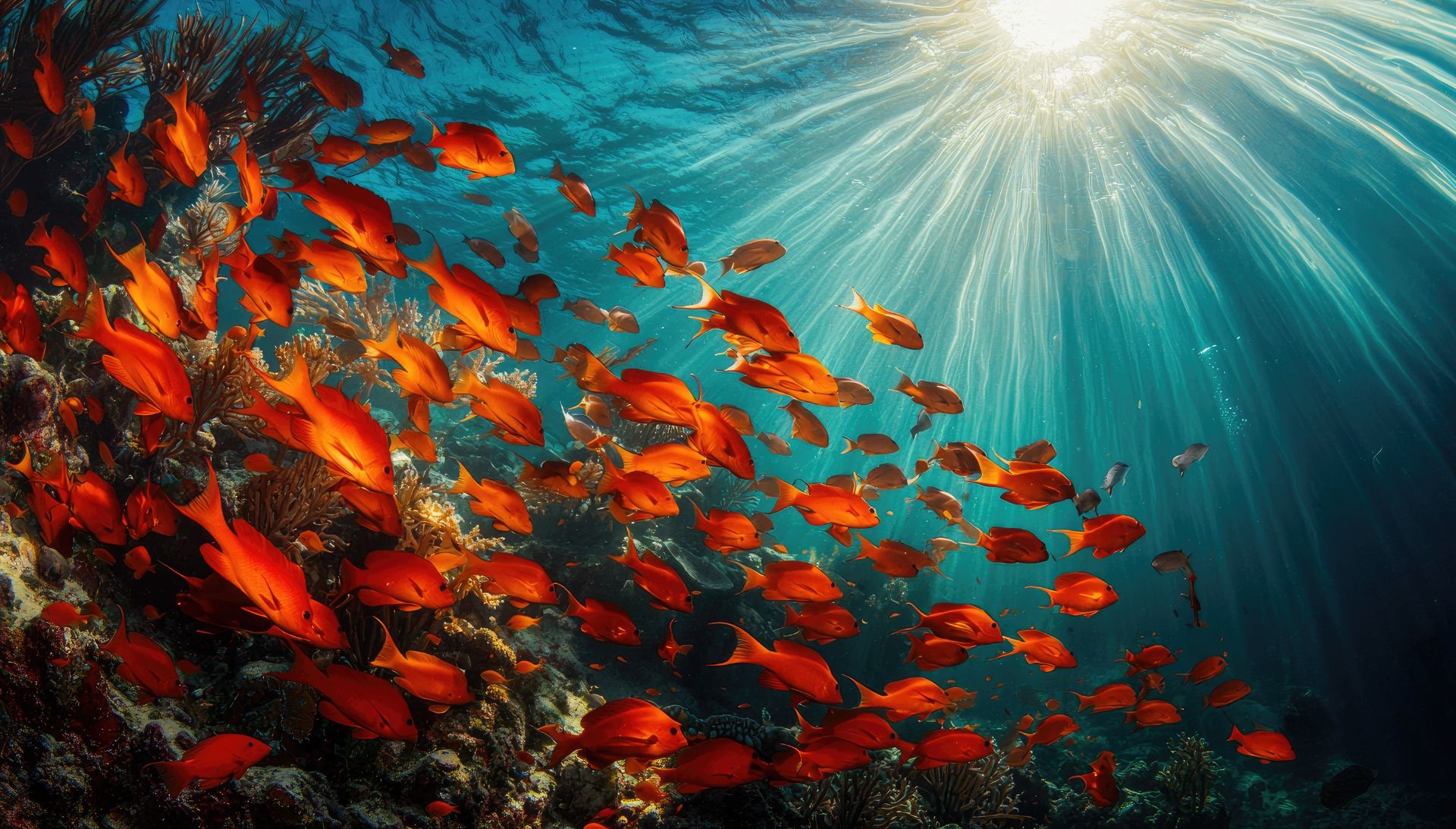 School of red fish under rays of sunlight