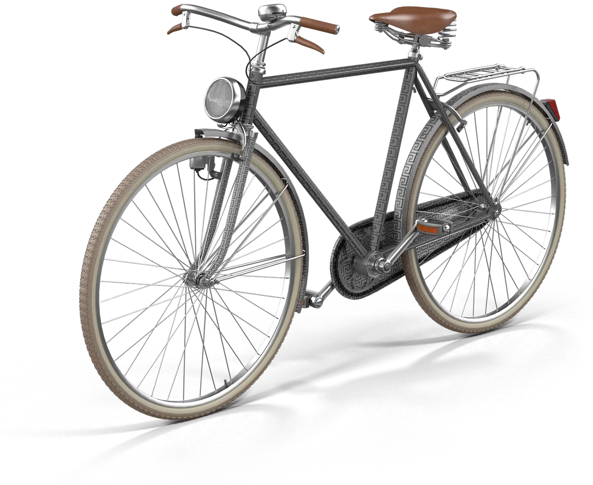 Grey roadster bicycle with a headlamp, a rear rack and a tan leather saddle