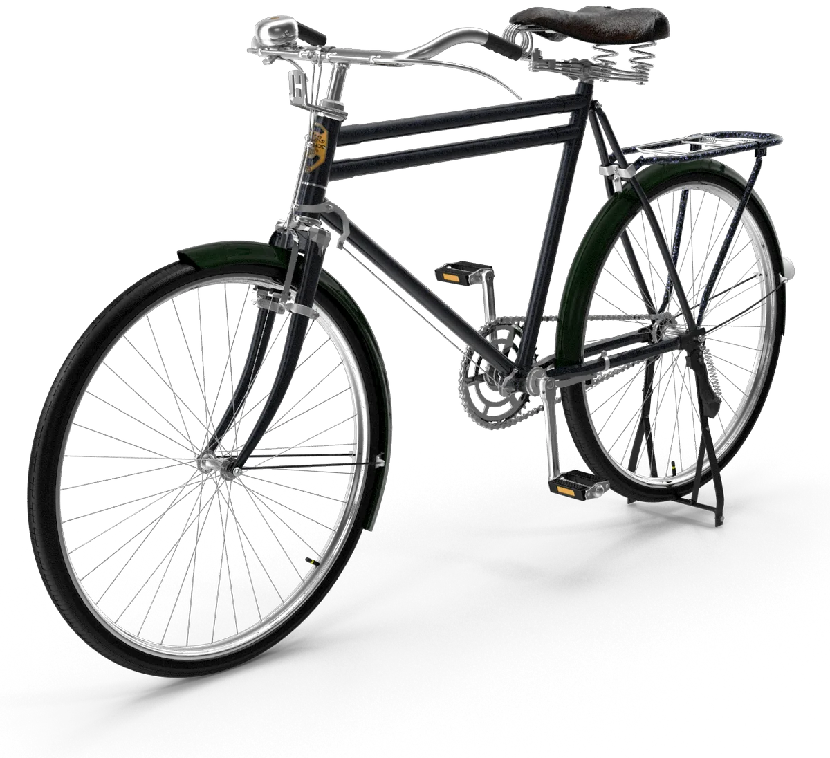 Black classic bicycle with a double top tube, standing on its kickstand