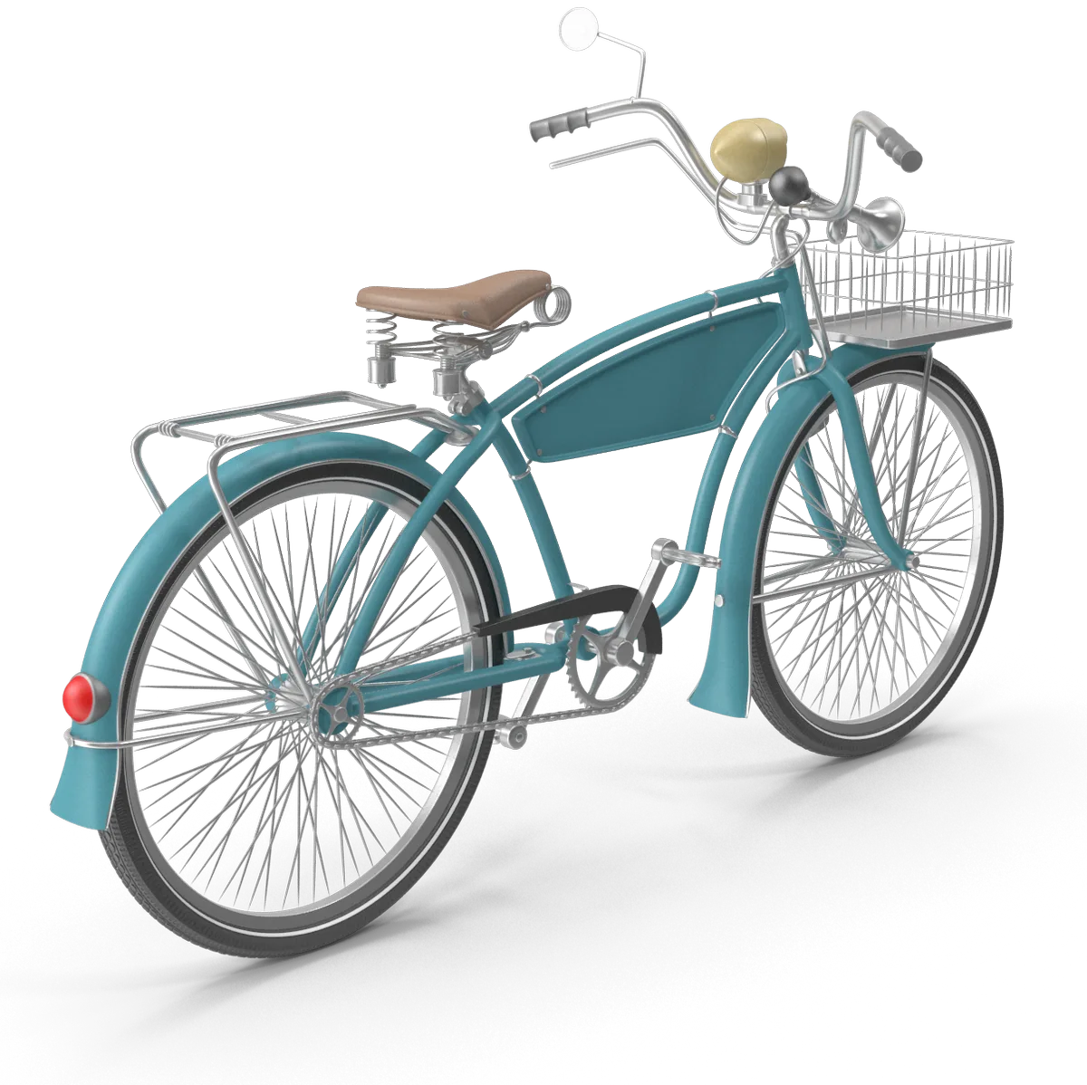 Teal cruiser bicycle with a tank, a wire basket and a brown saddle