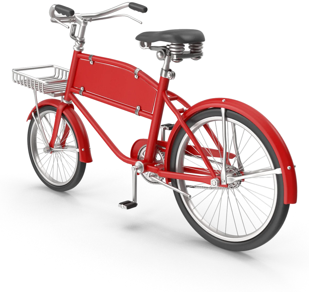 Red delivery bicycle with a front basket and a sign panel in the frame