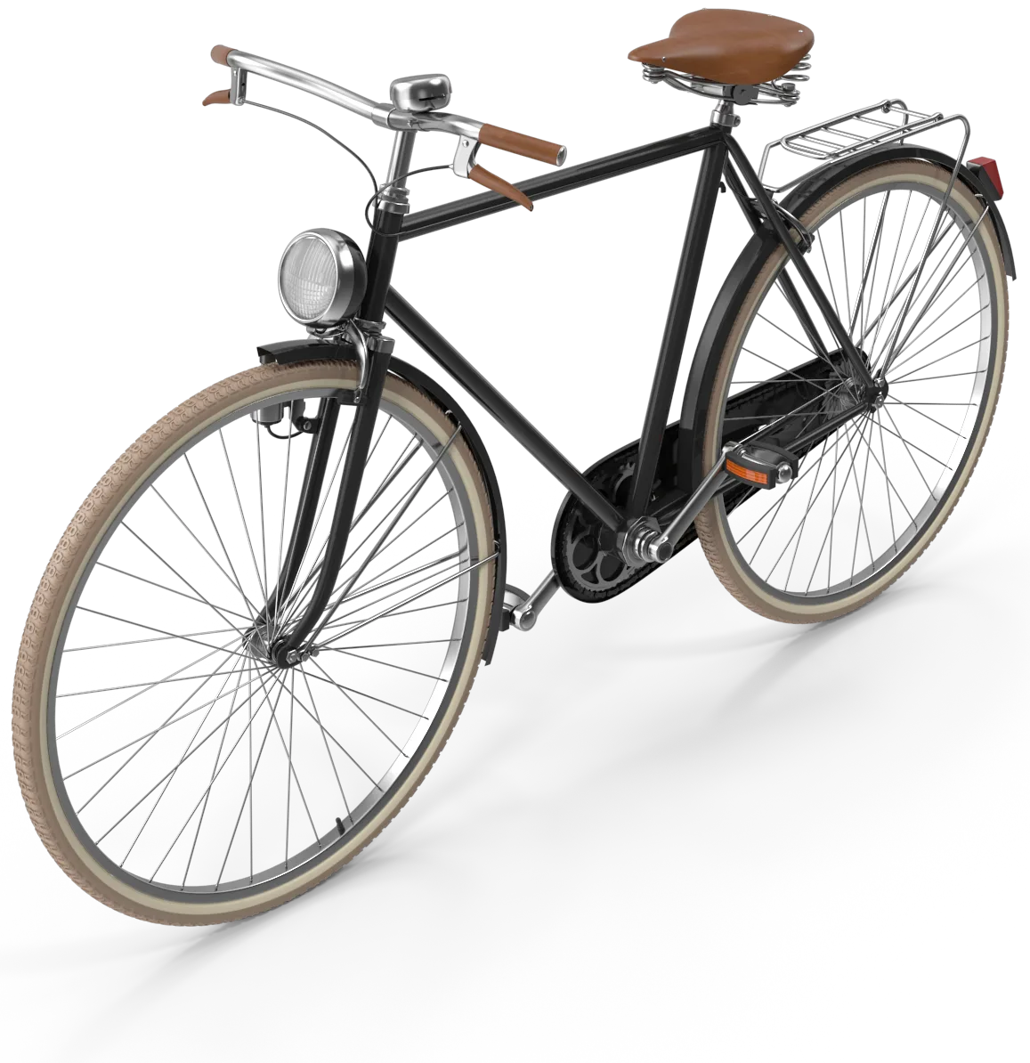 Black vintage roadster bicycle with a headlamp and cream tyres