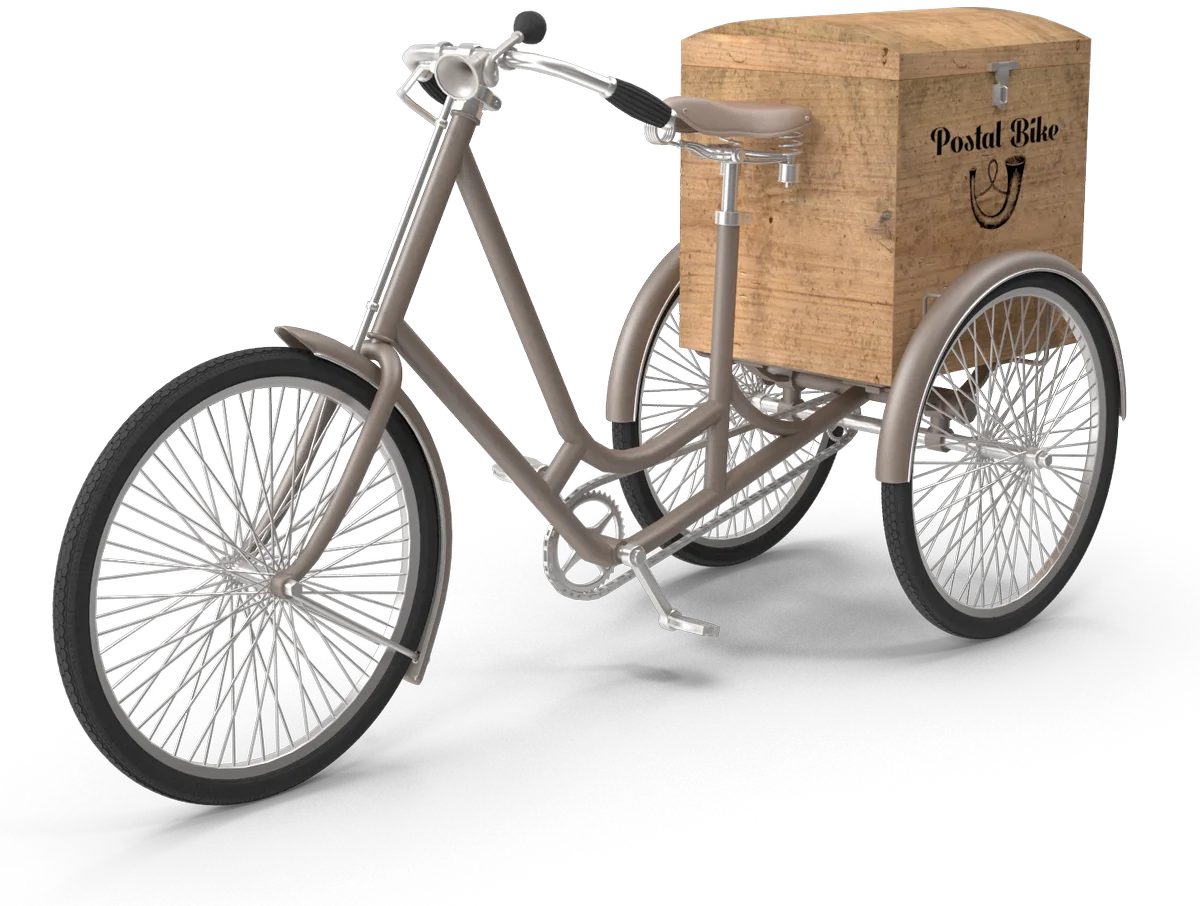 Cargo tricycle with a wooden box behind the saddle
