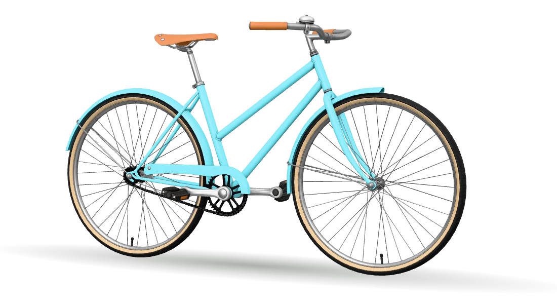 The Bluebird, a light blue step-through bicycle with a tan leather saddle